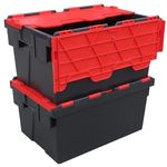 Pack of 2 - Plastic 55 Litre Heavy Duty Storage Box Tote Crates (60 x 40 x 30.6cm) Plastor Black with Red Attached Hinged Lids