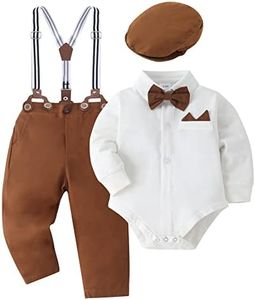 YALLET Baby Boy Clothes Set Infant Tuxedo Long Sleeve Gentleman Suit Outfits + Beret Hat + Suspender Pants + Bowtie 0-18M