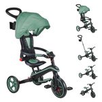 Globber Foldable Explorer Trike and Balance Bike 4 in 1 with Adjustable Canopy - Parental Steering Handle - Cup and Phone Holder - Safety Harness - 10 Months to 5 Years - 2 Year Warranty (Olive)