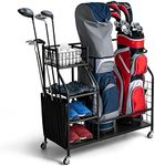 Costway Golf Bag Storage Rack for Garage, Double Golf Bag Organizer w/Lockable Universal Wheels, Extra Storage Organizer for Golf Clubs & Other Golfing Equipments, Golf Bag Stand w/Golf Clubs Holder