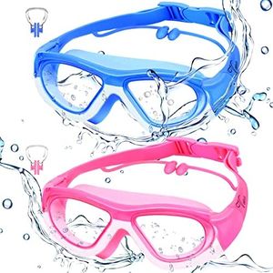 Vvinca Kids Goggles for Swimming, 2 Pack Kids Swim Goggles, Anti-Fog Anit-UV Wide View Pool Goggles, Waterproof Quick Adjustable Silicone Strap Swim Glasses for Kids Youth Girls Boys Age 3-12