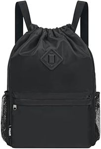 WANDF Drawstring Backpack Sports Gym Bag with Shoes Compartment, Water-Resistant String Backpack Cinch for Women Men (Black, Small)