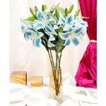 SATYAM KRAFT 3 Head Lily Artificial Flowers Sticks for for Gifting, Home Decor, Office, Bedroom, Living Room, Restaurant, Wedding, Deepwali Decoration (Without Vase Pot) (Blue, Pack of 1)