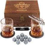 Whiskey Glass Set of 2 - Fathers Day Dad Gifts for Men - Bourbon Whiskey Stones Wood Box Gift Set - Includes Crystal Whisky Glasses, Chilling Rocks, Slate Coasters for Scotch Burbon