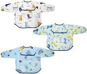 3 Pcs Long Sleeve Baby Bibs Set, Baby Smock Bib Infant Feeding Bibs with Food Catcher Pocket Waterproof, Wipe Clean Fit Toddler 3-24 Months