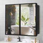 Movo 30 Inch x 27 Inch Farmhouse Black Metal Framed Recessed or Surface Bathroom Medicine Cabinet with Mirror Rectangle Tilting Beveled Vanity Mirros for Wall