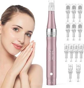 Microneedling Pen, PELCAS Electric Dermapen with 12 Needles Cartridges(6 * 36Pin + 4 * 12Pin + 2*Nano) Cordless Adjustable Speeds Dermapen Rechargeable Micro Needling Pen（Rose Gold）