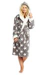 Womens Ladies Dressing Gown Star Printed Fleece Super Soft Plush Hooded Robe (Grey, 12-14)