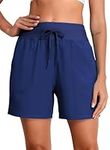 BLENCOT Women Swimming Shorts Blue High Waisted Quick Dry UPF50+ Summer Board Swimming Shorts Boyleg with Liner Size 12