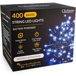 CHRISTOW Christmas Fairy Lights Battery Operated, White LED String Lighting with Timer, Indoor & Outdoor, 8 Light Modes Flashing & Static, Green Cable (400 LED / 40m Lit Length)