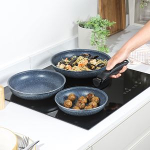 Russell Hobbs Nightfall Stone Frying Pan Set – Non-Stick, 3-Piece, Detachable Handle, Stackable