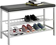 INDIAN DECOR. Metal 45475 Shoe Bench, Entryway Shoe Rack Bench, Shoe Organizer Storage Shelf, Leather Cushion & Metal Frame, Living Room (28.5x 11.8 x 19.3 Inch, Black & White)