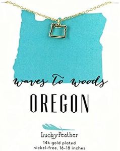 Lucky Feather Oregon Shaped State Necklace, 14K Gold-Dipped Pendant on Adjustable 16”-18” Chain