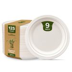 Comfy Package 9 Inch Paper Plates [125 Pack] Heavy Duty Disposable Plates for Parties – Strong, Leak-Resistant White Paper Plates, 100% Compostable Sugarcane Party Plates for BBQs & Picnics