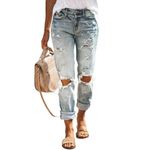 DIFIUPAI Womens Rolled Up Vintage Boyfriend Ripped Denim Mom Jeans Mid Rise (Light Blue,Splatter Paint)