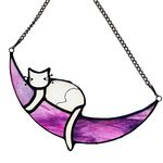 PALJOLLY White Cat Memorial Gifts for Loss of Cat Art Stained Glass Window Hanging Suncatcher for Cat Lovers, Stained Glass Cat Dream on Purple Moon, Cat Decor Indoor Window Ornaments