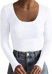 Basicspace U Neck Tops for Women Ribbed Long Sleeve Crew Neck Slim Fit Stretchy Basic T Shirt Tops(Large，02 White)