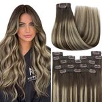 YoungSee 150G Clip in Hair Extensions Real Human Hair Brown Balayage Clip in Human Hair Extensions Chocolate Brown with Ash Blonde Balayage Clip in Real Hair Extensions Easy to Install 22inch 7pcs