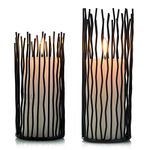 NUPTIO Set of 2 Metal Pillar Candle Holder, Led Flameless Electronic Black Table Candle Holders, Metal Candlestick Centerpieces Table Home Wedding Christmas Mantlepiece Decorations (20cm/25cm H)