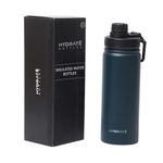 HYDRATE Hydrated 500ml Leakproof Stainless Steel Bottle - Double Insulated to Keep Drinks Hot for 12 Hours, Cold for 24, Leakproof Screw Cap - Ideal for All-Day Hydration - Blue