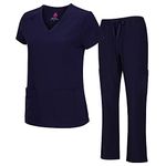 Natural Uniforms Women's Cool Stretch V-Neck Top and Cargo Pant Scrub Set with Regular and Petite Sizes (True Navy Blue, XX-Large)