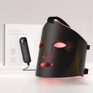 Umitec LED Face Mask, Red Light Therapy Mask, Five Modes Red & Blue LED, Remote Control, 4000mAh, Storage Bag, Head Strap, Eye Pads(S/M/L), Office and Home Use, Gift for Mother, Girls(Black)