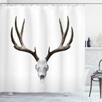 ABAKUHAUS Antlers Shower Curtain, Deer Skull Skeleton Head Bone Halloween Weathered Hunter Theme Motif, Cloth Fabric Bathroom Decor Set with Hooks, 70 Inches, Warm Taupe Pale Grey