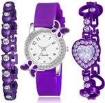 Acnos Polyurethane White Dial Diamond Watch Purple Analog Watch Diamond Bracelet For Girl Best Design Butterfly Combo 3 Pack Of 3, Purple Band