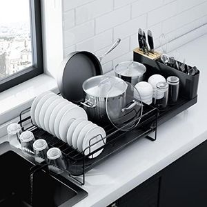 Kitsure Large Dish Drying Rack - Extendable Dish Rack, Multifunctional Dish Rack for Kitchen Counter, Anti-Rust Drying Dish Rack with Cutlery & Cup Holders 19.2"-26.7" L x 12.9" W, Black