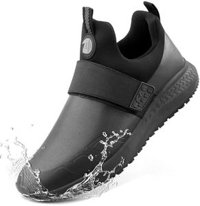 Delobi Non Slip Work Shoes for Men Slip On Food Service Kitchen Chef Restaurant Shoes Waterproof Slip Resistant Walking Sneakers Lightweight Comfortable Working Footwear Leather Size 9 Wide Black