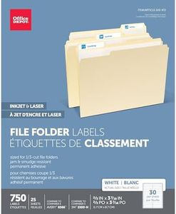 Office Depot White Permanent Inkjet/Laser File Folder Labels, 2/3in. x 3 7/16in., White, Pack Of 750, 505-0004-0011