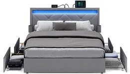 VASAGLE LED Bed Frame Queen Size with Headboard and 4 Drawers, 1 USB Port and 1 Type C Port, Adjustable Upholstered Headboard, No Box Spring Needed, Light Grey URMB821G01