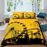 Homewish Kids Ferris Wheel Duvet Cover Amusement Park Comforter Cover For Boys Girls Children Roller Coaster Silhouettes Bedding Set Holiday Enjoy Theme Bedspread Cover Golden Double Size