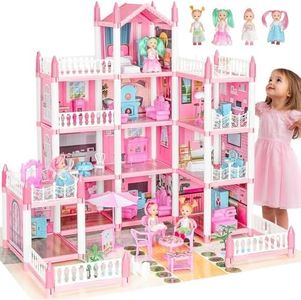 Uandhome Doll House, Dream Dollhouse for Girls, Pretend-Play DIY Dollhouse Kit - 4-Story 14 Rooms Playhouse with 4 Dolls Toy Figures, Furniture and Accessories Set