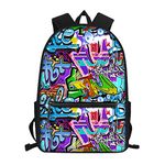 Showudesigns Kids Backpack High School Girls Boys Graffiti Print Children School Bag Packs Teenager College Book Bag Water Resistant Unisex Casual Travel Daypack Blue