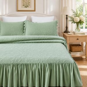 Brandream Queen Size Bedspread Set 100% Cotton Sage Green Bedspreads Cottagecore Floral Vine Bedding Oversized Coverlet Set (60x80 +30in.Drop) and Shams (20x26in.)
