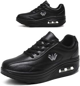 RUIDENG Platform Tennis Shoes Women Lightweight | Walking Sneakers Work Every Day | Waterproof Leather Thick Rocker Bottom All Black Size 6.5