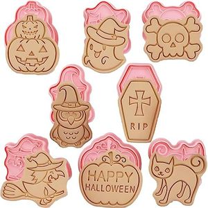 Halloween 3D Cookie Cutters with Plunger Stamps Set, 8 Pcs Cartoon Pressable Biscuit Cutters Shape for Treats DIY Baking Cookie Supplies