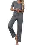 Ekouaer Women's Pajamas Set Soft 2 Piece Lounge Sets V-Neck Sleepwear Short Sleeve Top Pants with Pockets Medium Gray Small