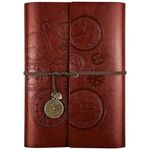 Leather Journal Notebook, Refillable Notebook with Lined Pages Vintage Writing Travelers Notebook Spiral Bound Journal, Gift for Men and Women Classic Embossed Retro Pendants 23x16.5cm（A5, Brown)