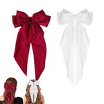 Bow Hair Clips for Women - 2 Pieces Satin Handmade, Stylish Hair Bows, All-Day Comfort, Hair Accessories for All Occasions, from Formal to Casual Wear, White & Red