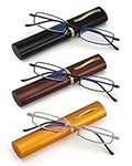 3 Pack Slim Pocket Reading Glasses for Men Women Blue Light Blocking Compact Readers Spring Hinge Metal Frame Eyeglasses with Portable Pen Clip Tube Case 2.50