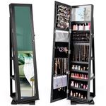 CHARMAID 360° Swivel Jewelry Armoire with Full Length Mirror, Standing Lockable Jewelry Cabinet Organizer, Large Storage Capacity, Inside Makeup Mirror, Back Storage Shelves (Black)