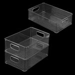 JAPCHET 3 Pack 25.5 x 15 x 7.6cm Fridge Storage Organiser Trays, Stackable Kitchen Cupboard Storage Trays, Clear Plastic Refrigerator Bins with Handles for Kitchen, Cupboard, Freezer, Pantry