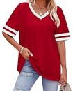 Summer Outfits for Women Travel Outfits Blouses for Women Dressy Casual Spring Summer Tops Short Sleeve Shirts Tunic Oversized Tshirts Women's Clothing Striped Tee Peasant Clothes Date Loose Fit Red M