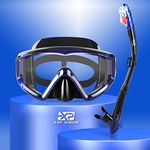 Dry Snorkel Set Pano 3 Snorkeling Gear for Adult, Anti-Fog Snorkel Mask Professional Diving Goggles and Snorkel for Snorkeling Swimming Diving (Blue)