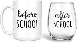 Artisan Owl Before/After School Set - Funny Parent Teacher Gift - Set Contains: One [1] 15 oz Deluxe Large Double-Sided Mug & One [1] 17 oz Stemless Wine Glass