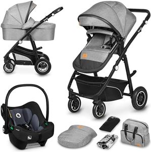 LIONELO BIANKA Cochecito de Bebé 3 en 1 (22 kg) Portabebés (9 kg) Silla de Coche (13 kg), Plegable, Sistema de Viaje Respaldo Ajustable Ruedas 360o Amortiguación, Capota XXL, Carrito de Bebe (Grey)