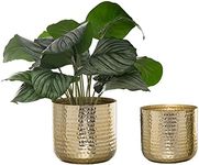 MyGift Modern Hammered Brass Plated Metal Plant Pots for Indoor Plants, Cylindrical Metallic Planter, 6 and 5-Inch, Set of 2 - Handcrafted in India