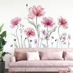 decalmile Large Poppy Flower Wall Decals Pink Watercolor Floral Blossom Wall Stickers Bedroom Living Room TV Background Home Decor